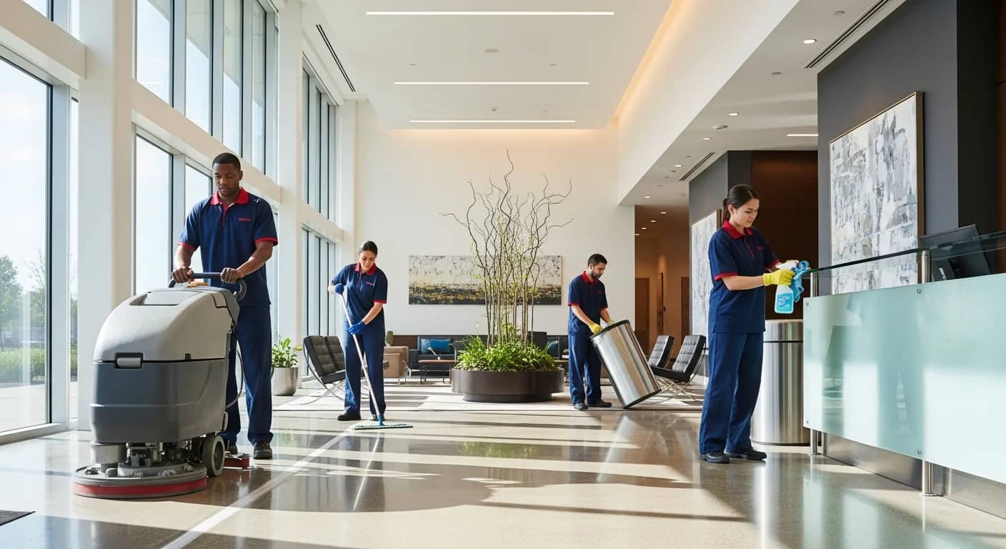 Professional cleaning crew servicing a modern commercial office lobby