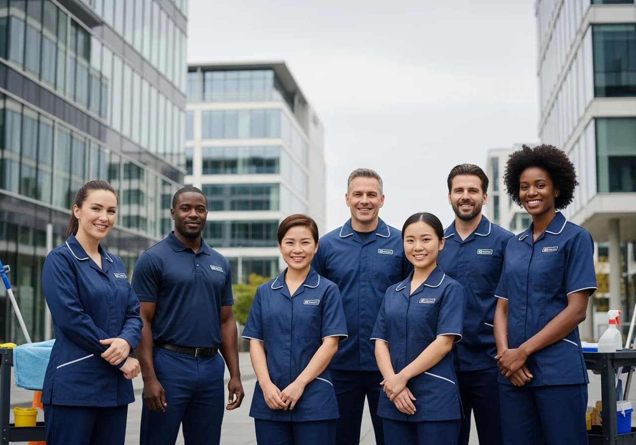 Group portrait of our diverse facility cleaning and maintenance team standing together in uniform